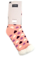 NOLLIA BRAND Ladies PINK HEART NON-SKID SHERPA SLIPPER SOCKS - Novelty Socks for Less
