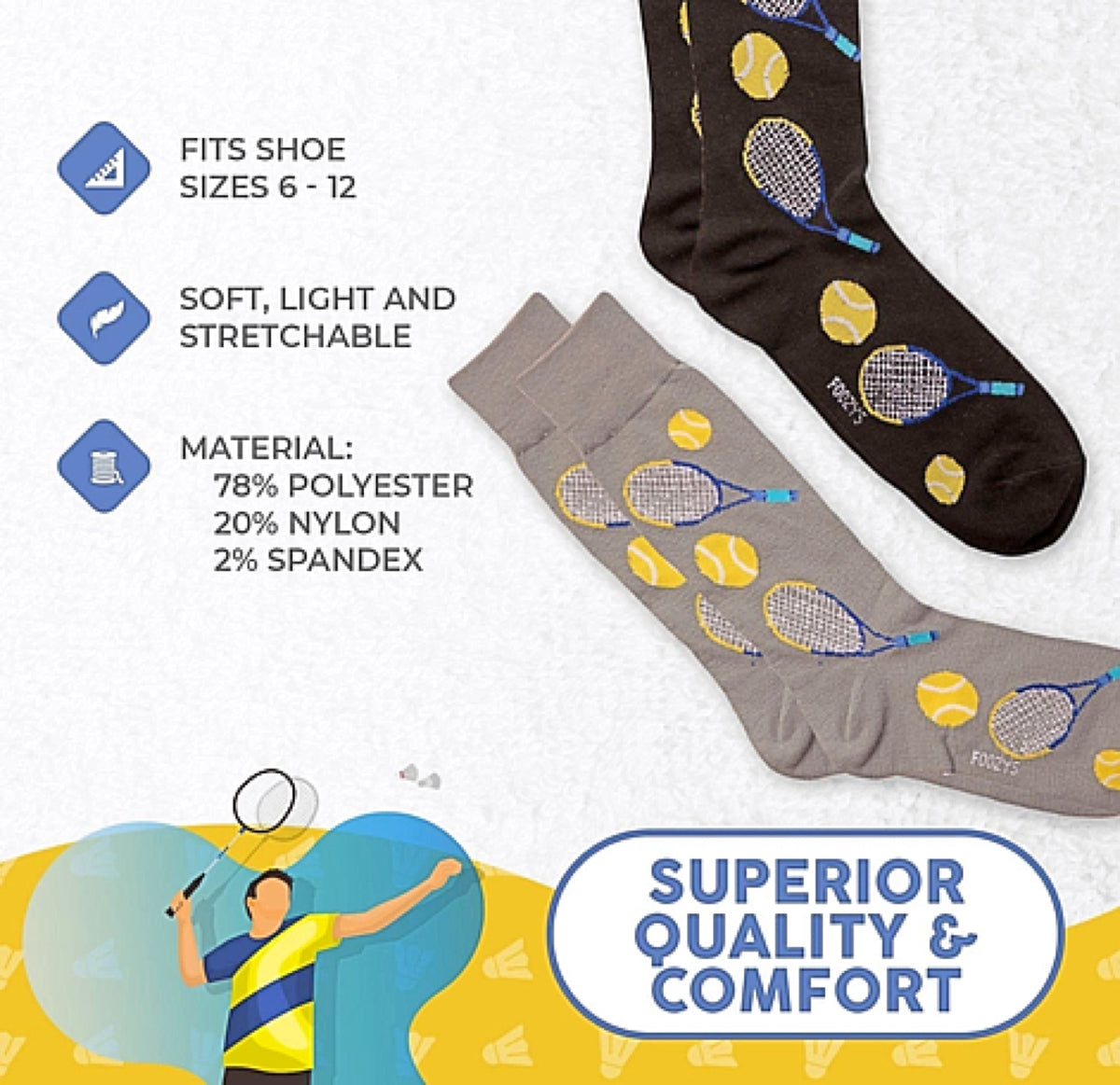 FOOZYS Brand Men’s 2 Pair Of TENNIS Socks - Novelty Socks for Less