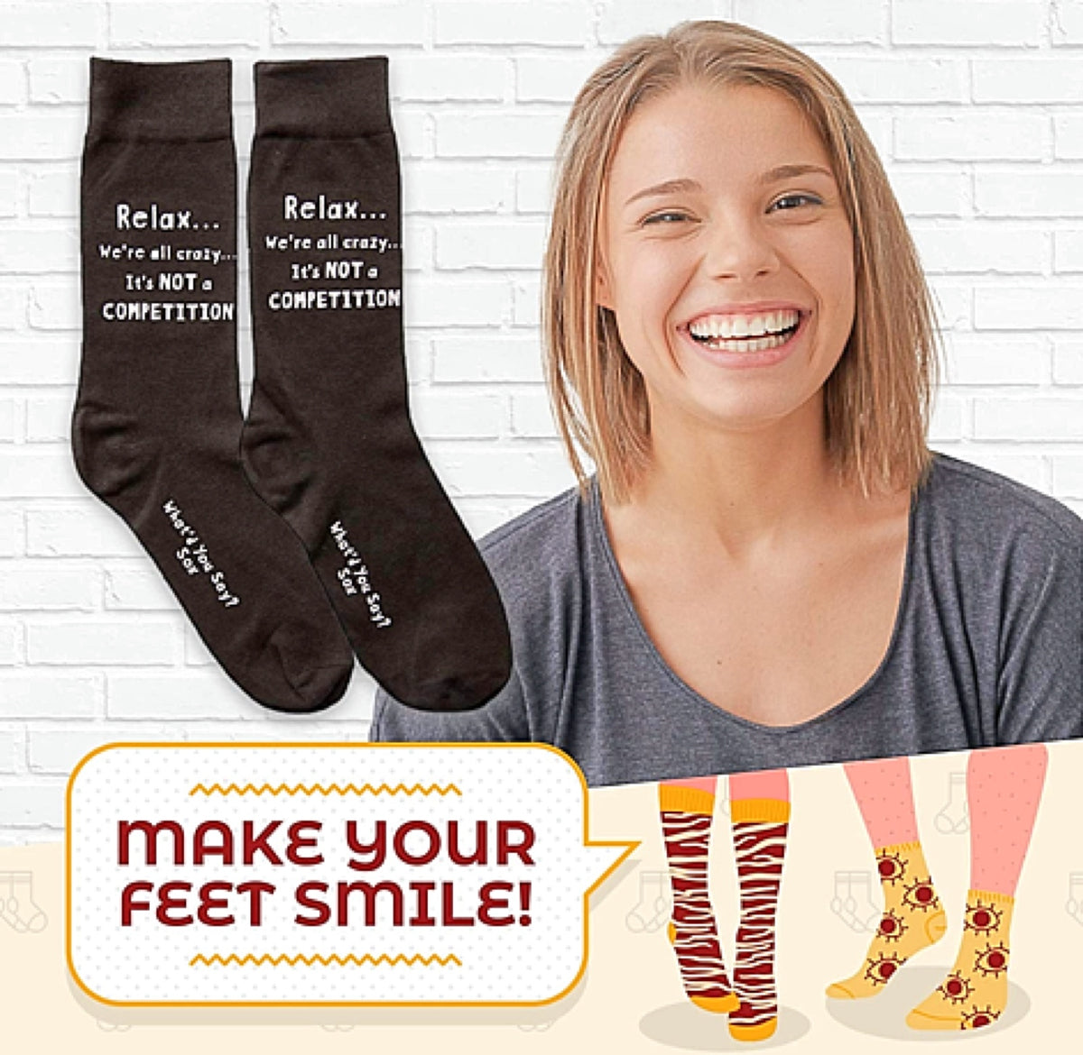 WHAT’D YOU SAY? Sox Brand Unisex ‘RELAX.. WE’RE ALL CRAZY.. IT’S NOT A COMPETITION’ Socks - Novelty Socks for Less