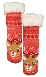 RUDOLPH THE RED NOSED REINDEER Ladies Sherpa Lined Gripper Bottom Slipper Socks - Novelty Socks And Slippers