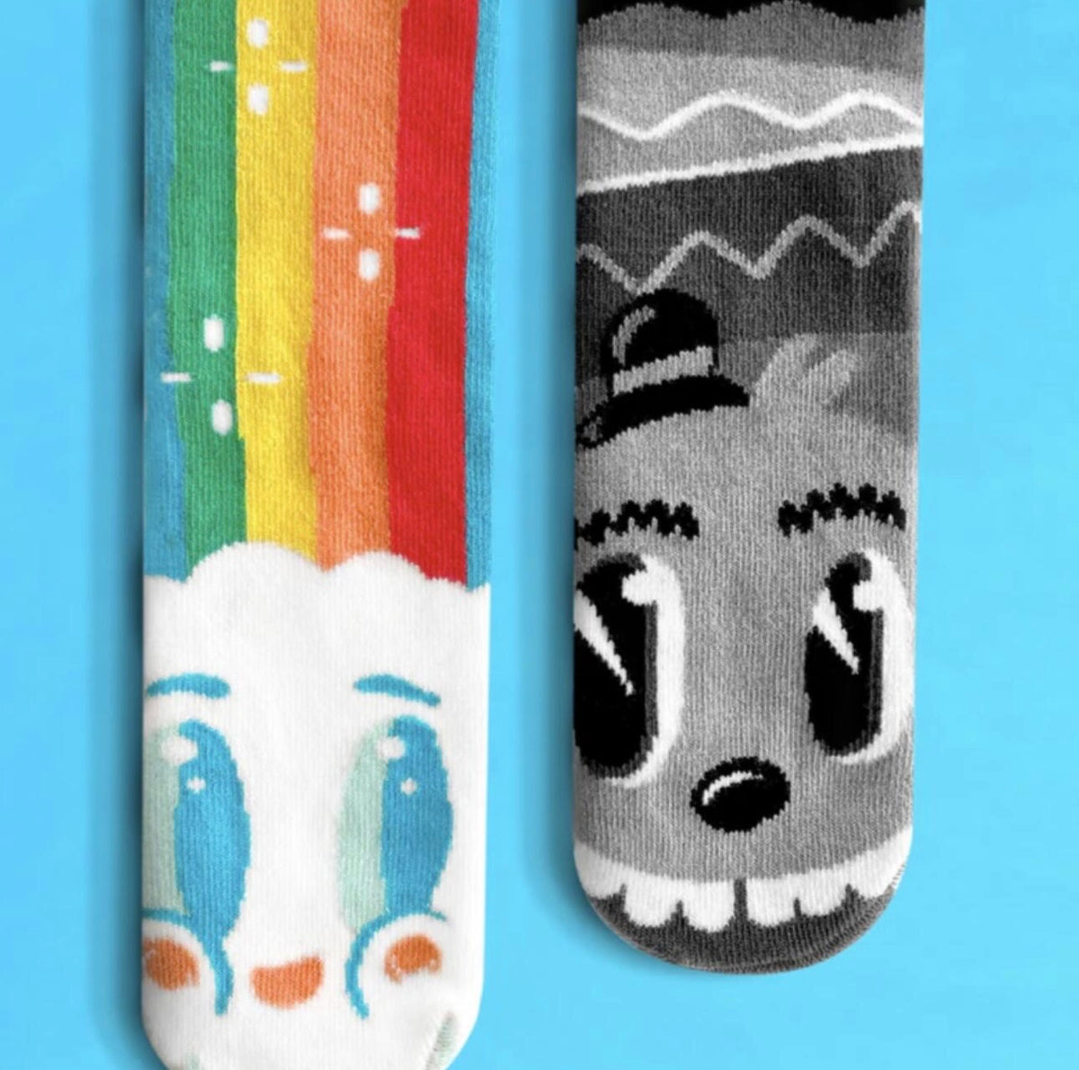 RAINBOW FACE & MR. GRAY Unisex Kids Mismatched Gripper Bottom Socks PALS SOCKS Brand (CHOOSE SIZE) - Novelty Socks And Slippers