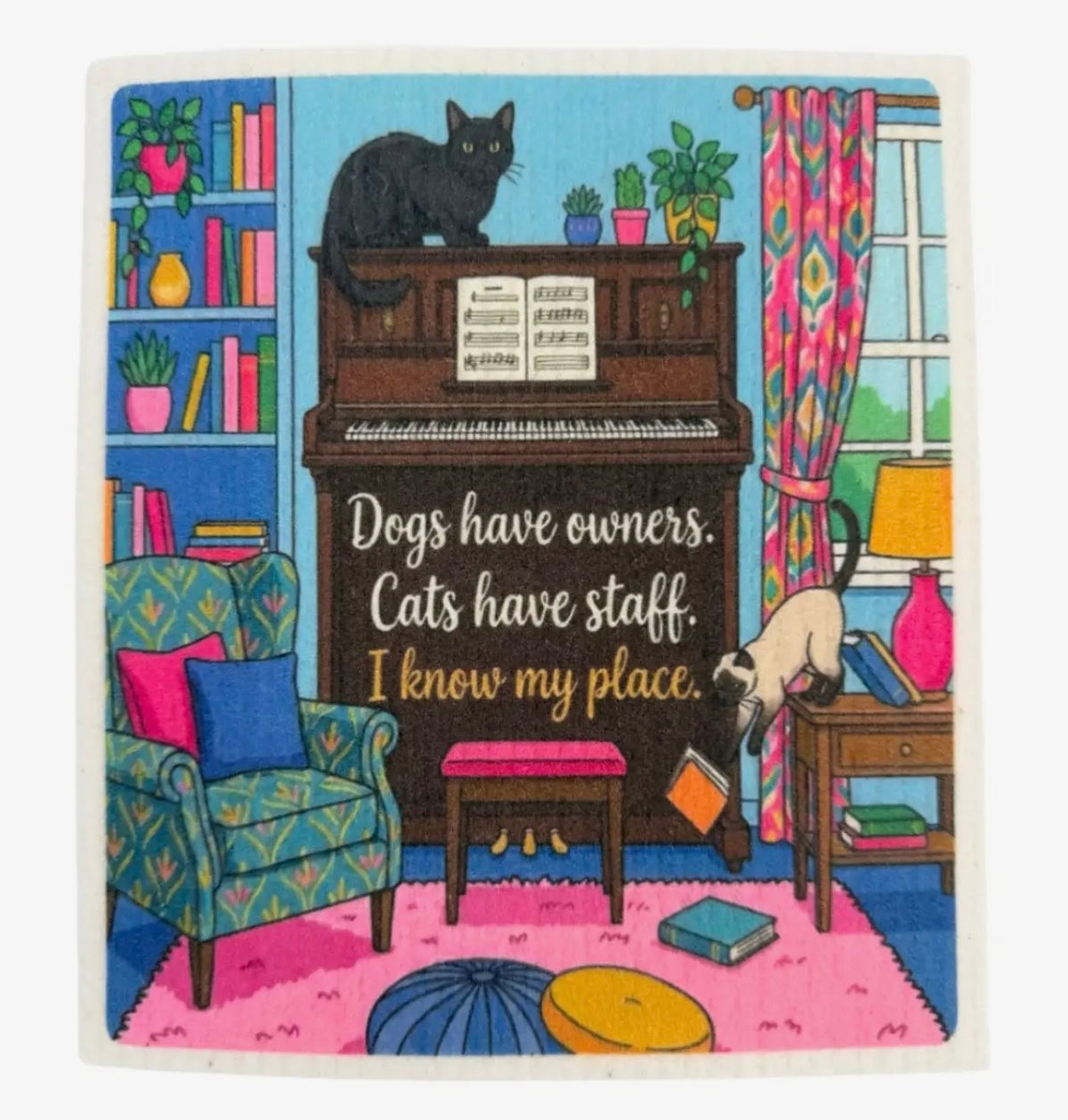 SASSY FUNNY CAT Sayings Set Of 3 Swedish Dishcloths ‘DOGS HAVE OWNERS. CATS HAVE STAFF. I KNOW MY PLACE’