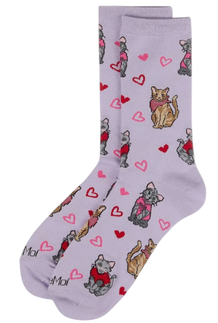 MeMoi Brand Ladies VALENTINES DAY Socks Cats ‘Fur-ever Hearts’ - Novelty Socks And Slippers