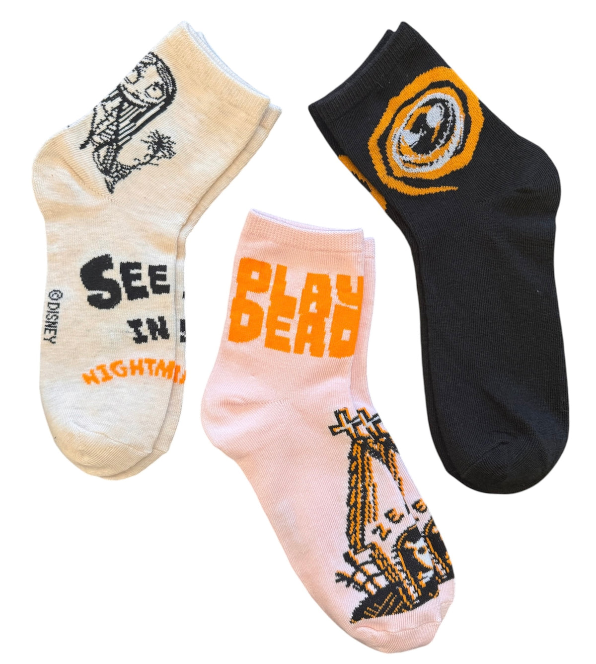 DISNEY NIGHTMARE BEFORE CHRISTMAS Ladies 3 Pair Of HALLOWEEN Socks ‘Play Dead’
