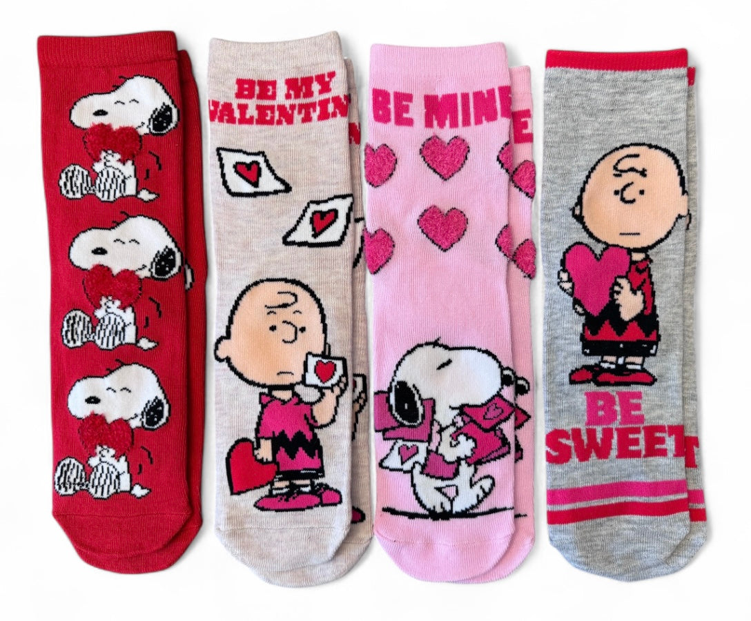 PEANUTS Ladies 4 Pair Of Valentines Day Socks Charlie Brown ‘BE MY VALENTINE’ - Novelty Socks And Slippers