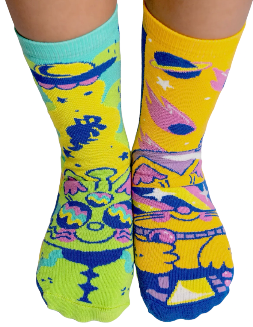PALS SOCKS Brand Unisex TODDLER & KIDS CAT Mismatched Gripper Bottom Socks LUNAR & TICK (CHOOSE SIZE) - Novelty Socks And Slippers