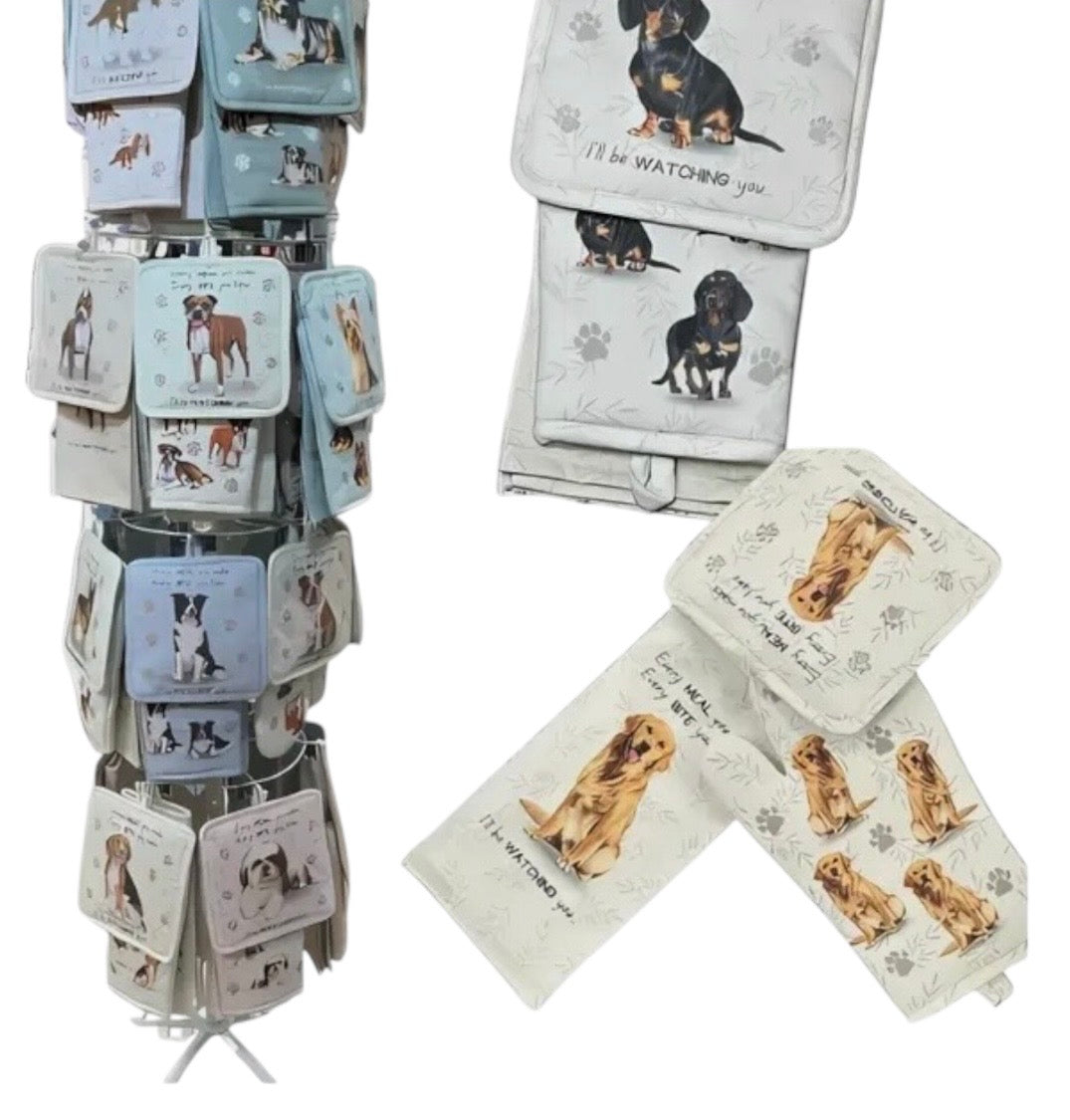 DOG & CAT 3 Piece Oven Mitt & Tea Towel Set By E&S Pets (CHOOSE BREED) - Novelty Socks And Slippers