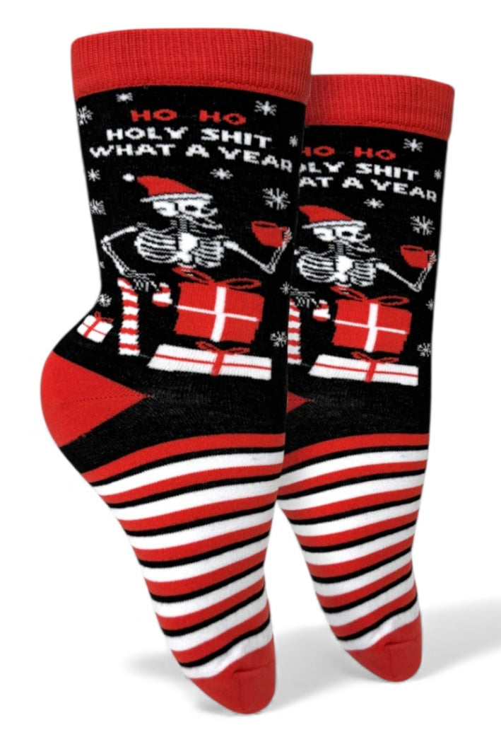 HO HO HOLY SHIT WHAT A YEAR Ladies Christmas Socks Groovy Things Brand - Novelty Socks And Slippers