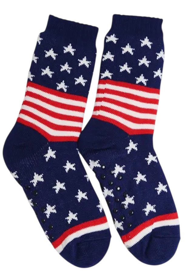 PATRIOTIC AMERICAN FLAG Ladies Fleece Lined Non-Slip Slipper Socks (Choose Style) - Novelty Socks And Slippers