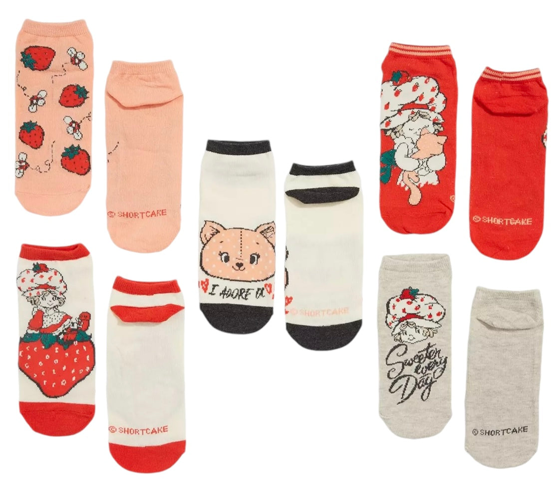 STRAWBERRY SHORTCAKE Ladies 5 Pair of No Show Socks With CUSTARD THE CAT ‘I ADORE U’ - Novelty Socks And Slippers