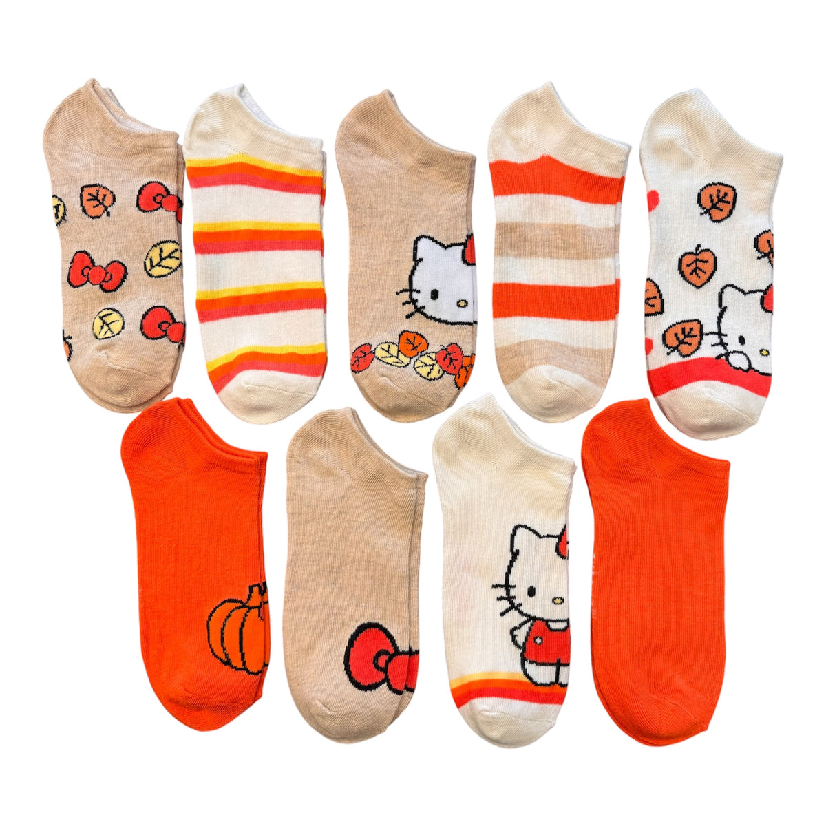 SANRIO HELLO KITTY Ladies 9 Pair Of Fall Autumn No Show Socks Pumpkins, Bows, Leaves