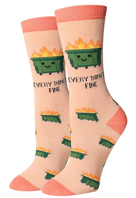 SOCK HARBOR Brand Ladies DUMPSTER FIRE Socks ‘EVERYTHING’S FINE’ - Novelty Socks And Slippers