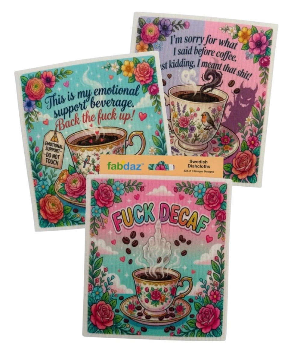 FUNNY COFFEE SAYINGS Set Of 3 Swedish Dishcloths ‘FUCK DECAF’ Steam Middle Finger