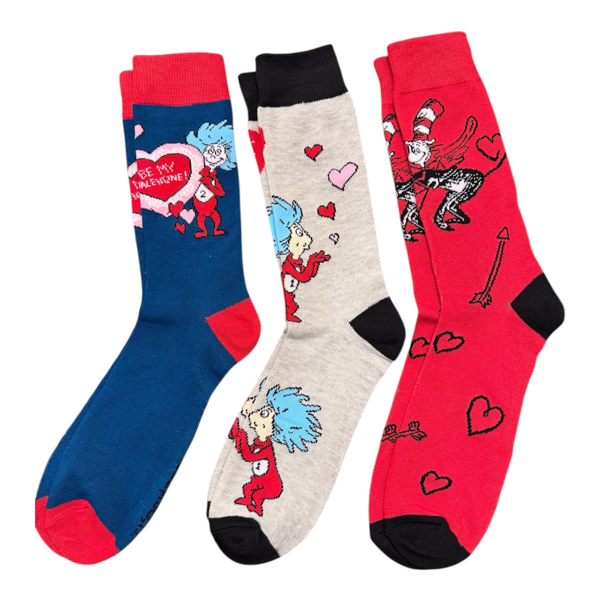 DR. SEUSS Men’s 3 Pair Of VALENTINES DAY Socks CAT IN THE HAT ‘BE MY VALENTINE’ BIOWORLD Brand - Novelty Socks And Slippers
