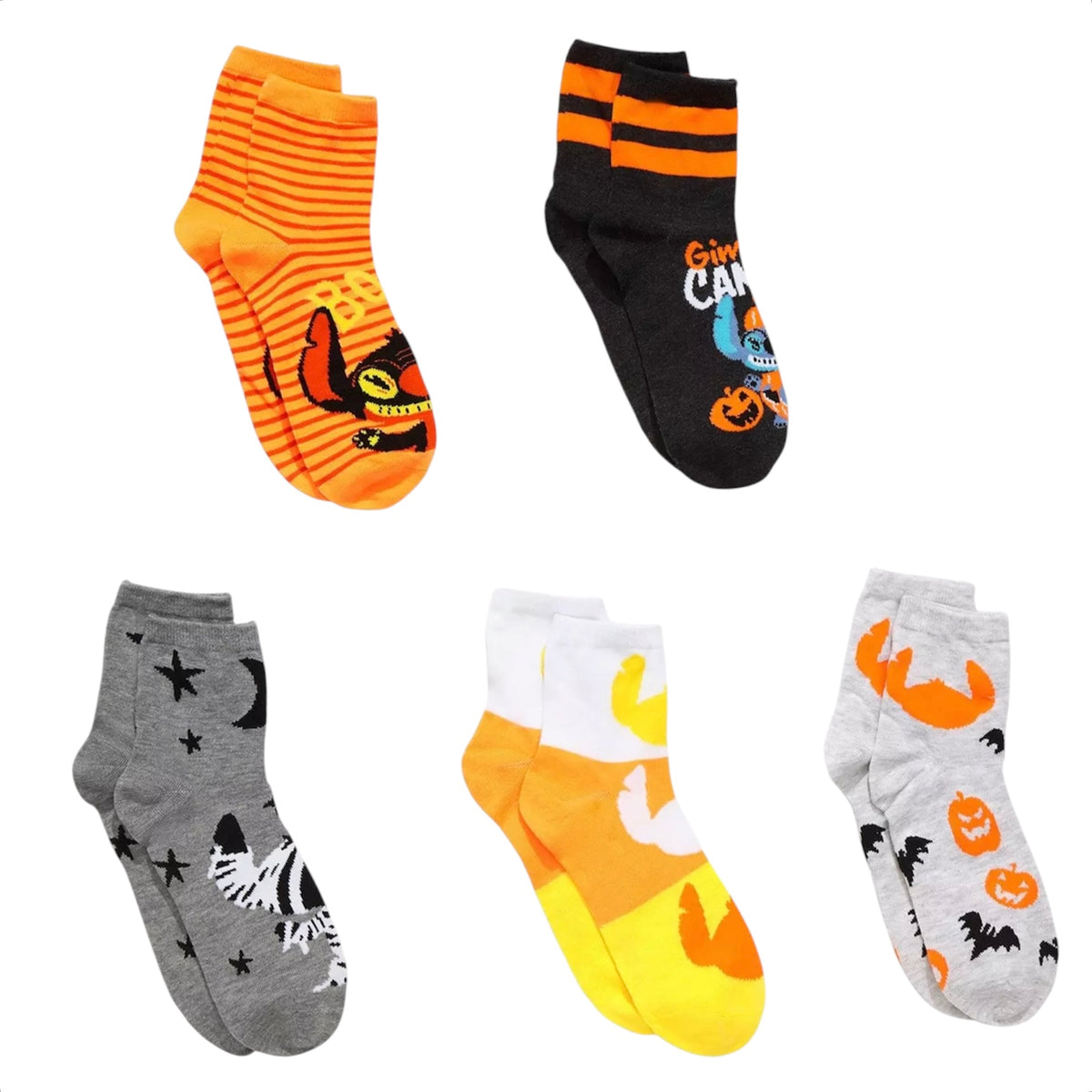 DISNEY STITCH HALLOWEEN 5 PAIR OF CREW SOCKS ‘GIMME CANDY’ 'BOO'