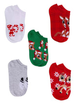 RUDOLPH THE RED NOSED REINDEER Ladies 5 Pair Of No Show Socks CLARICE & SAM THE SNOWMAN - Novelty Socks And Slippers