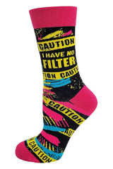 Fabdaz Brand Ladies CAUTION I HAVE NO FILTER Socks With Caution Tape - Novelty Socks And Slippers
