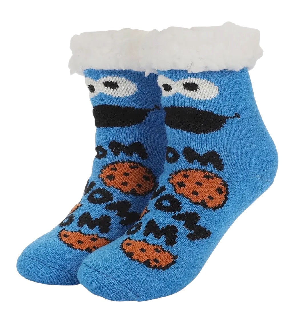 SESAME STREET COOKIE MONSTER Ladies Sherpa Lined Gripper Bottom Slipper Socks BIOWORLD Brand - Novelty Socks And Slippers