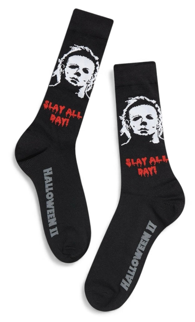 HALLOWEEN II MEN’S MICHAEL MYERS HALLOWEEN SOCKS Says 'SLAY ALL DAY' - Novelty Socks And Slippers
