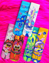 PALS SOCKS Brand Unisex TODDLER & KIDS CAT Mismatched Gripper Bottom Socks LUNAR & TICK (CHOOSE SIZE) - Novelty Socks And Slippers