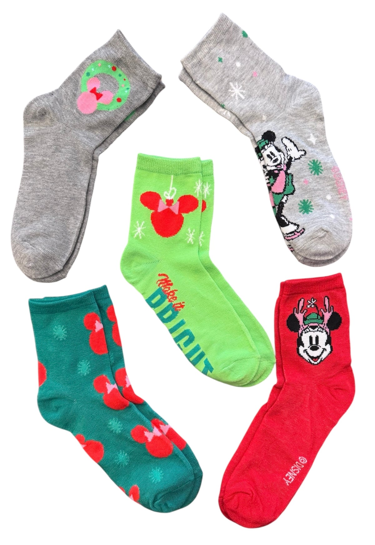 DISNEY LADIES MINNIE MOUSE CHRISTMAS 5 PAIR OF SOCKS ‘MAKE IT BRIGHT’ - Novelty Socks And Slippers