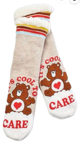 CARE BEARS Ladies Sherpa Lined Gripper Bottom Slipper Socks ‘IT’S COOL TO CARE’ - Novelty Socks And Slippers
