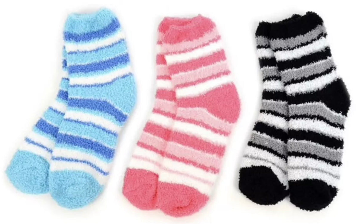 NOLLIA Brand Ladies 3 Pair Of Striped Warm & Fuzzy Socks - Novelty Socks And Slippers