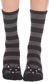 FOOT TRAFFIC Brand Ladies BLACK CAT Non-Skid Slipper Socks - Novelty Socks And Slippers