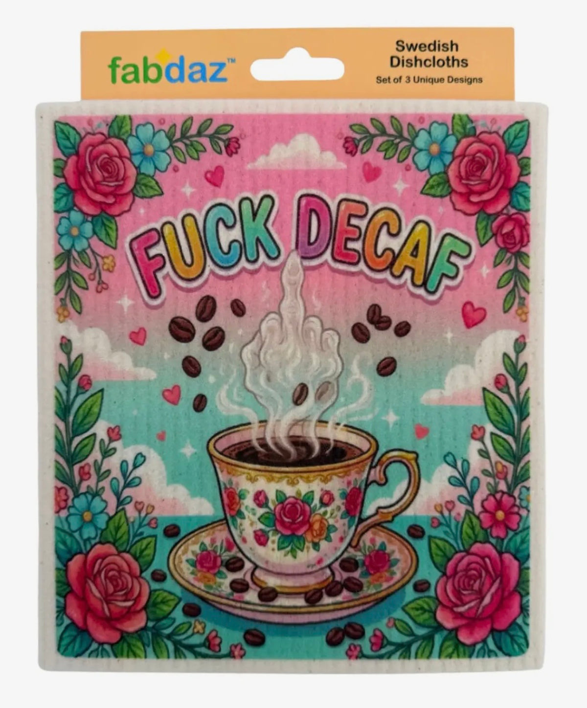 FUNNY COFFEE SAYINGS Set Of 3 Swedish Dishcloths ‘FUCK DECAF’ Steam Middle Finger