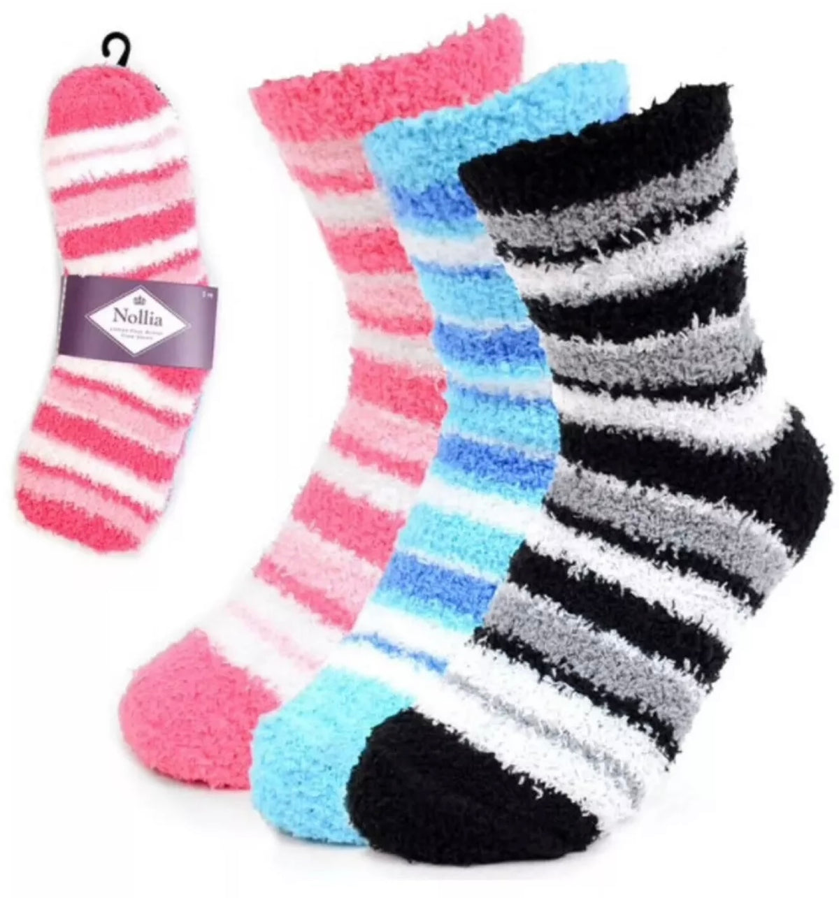 NOLLIA Brand Ladies 3 Pair Of Striped Warm & Fuzzy Socks - Novelty Socks And Slippers