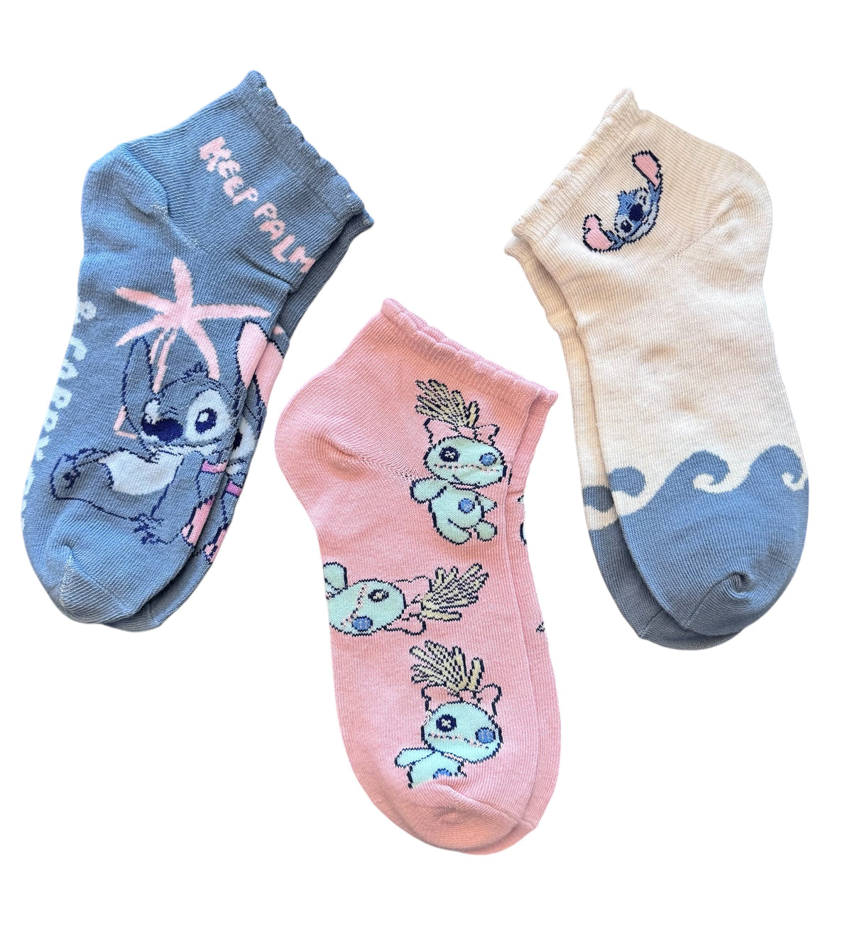 DISNEY STITCH Ladies 3 Pair Of Socks Angel & Scrump’ ‘KEEP PALM & CARRY ON’ - Novelty Socks And Slippers