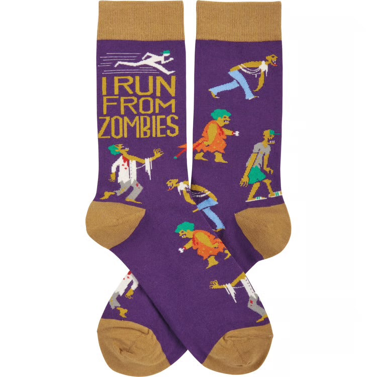 I RUN FROM ZOMBIES Adult Unisex Halloween Socks Primitives By Kathy Brand - Novelty Socks And Slippers