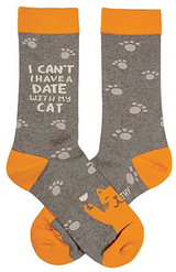 PRIMITIVES BY KATHY UNISEX CAT SOCKS ‘I CAN’T I HAVE A DATE WITH MY CAT’ - Novelty Socks And Slippers