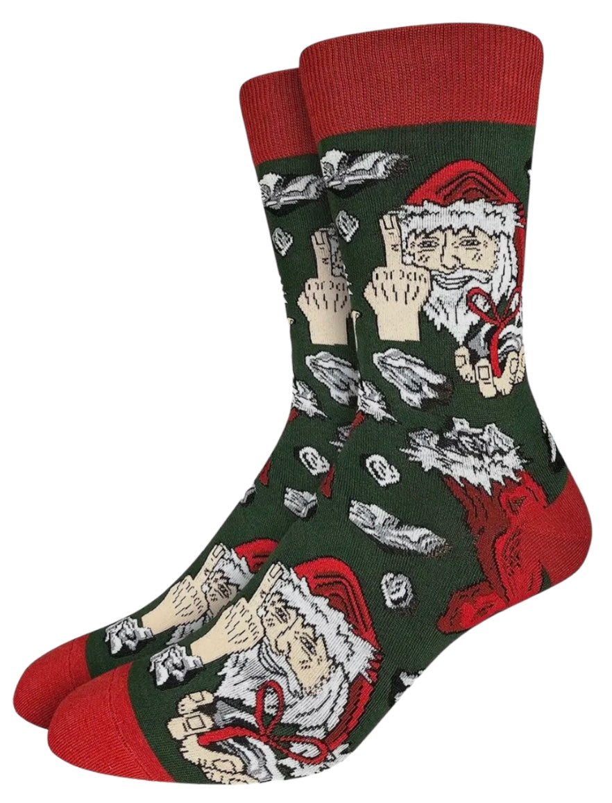 GOOD LUCK SOCK Brand Men’s NAUGHTY SANTA Socks With MIDDLE FINGER - Novelty Socks And Slippers