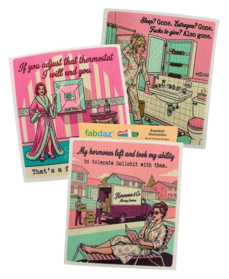 FUNNY MENOPAUSE SAYINGS Set Of 3 Swedish Dishcloths ‘MY HORMONES LEFT & TOOK MY ABILITY TO TOLERATE BULLSHIT WITH THEM’
