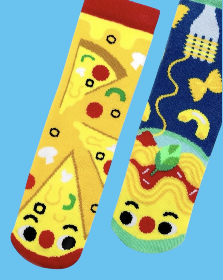 PIZZA & PASTA Unisex Toddler-Tween Mismatched Gripper Bottom Socks PALS SOCKS Brand (CHOOSE SIZE) - Novelty Socks And Slippers