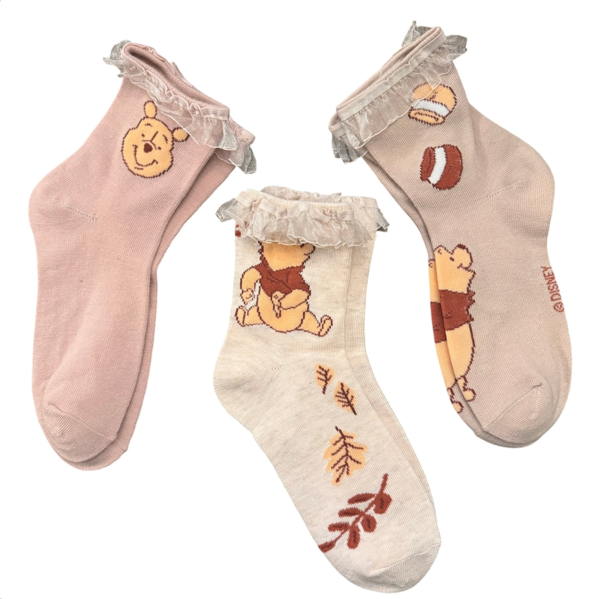 DISNEY WINNIE THE POOH Ladies Autumn Fall 3 Pair Of Ruffled Cuff Socks