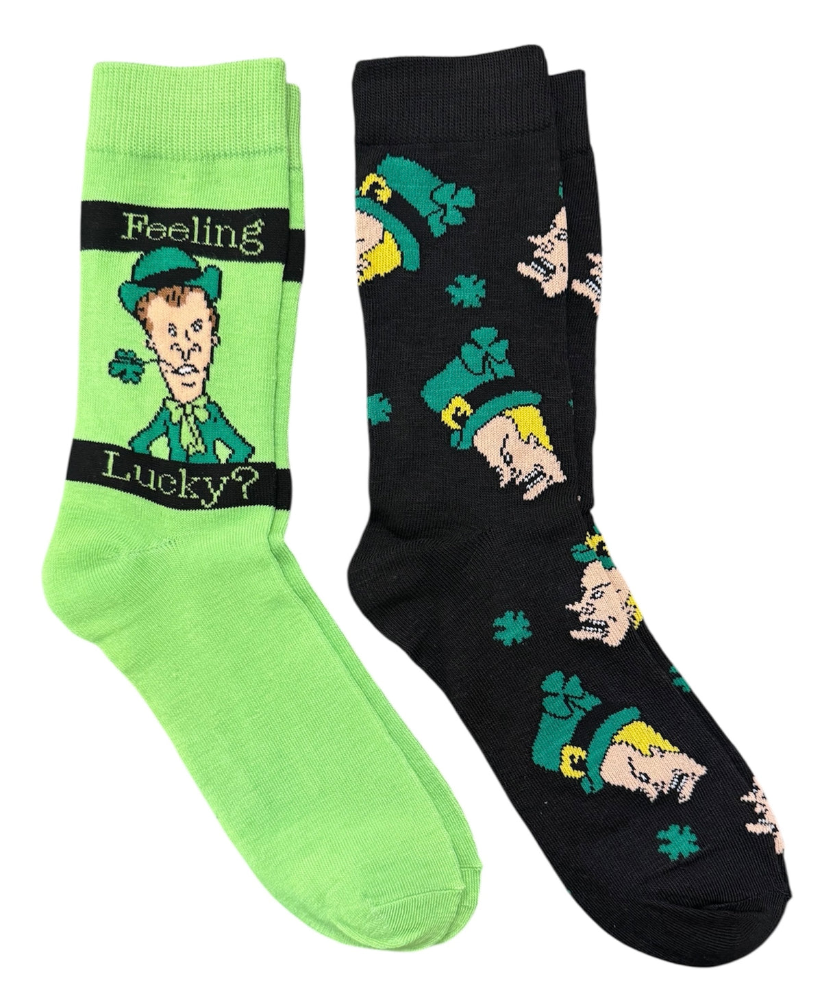 BEAVIS & BUTT-HEAD Men’s 2 Pair Of ST. PATRICKS DAY Socks 'FEELING LUCKY?' - Novelty Socks And Slippers