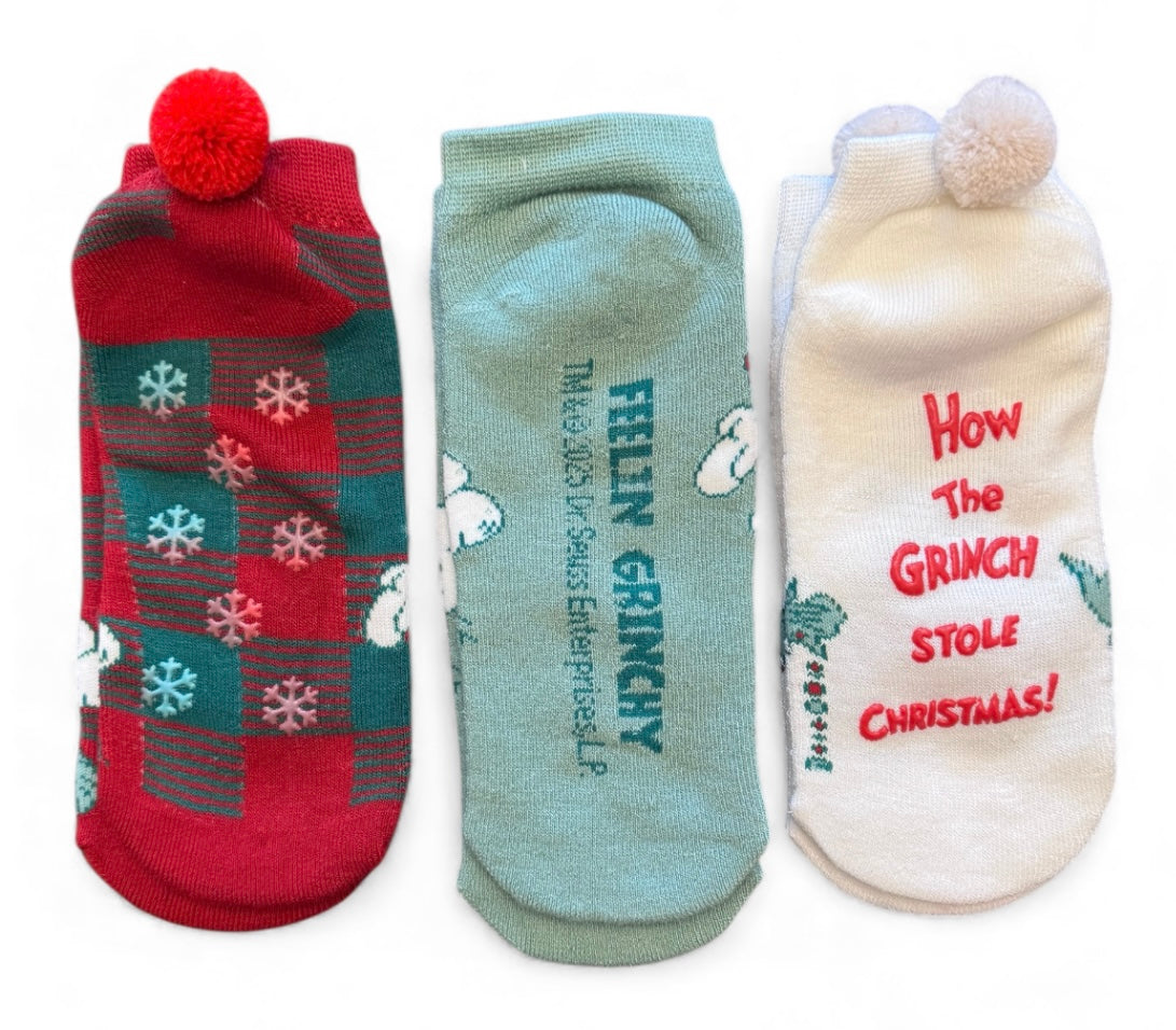 Dr. Seuss How The Grinch Stole Christmas Ladies 3 Pair Of Ankle Pom Socks 'FEELIN' GRINCHY' - Novelty Socks And Slippers