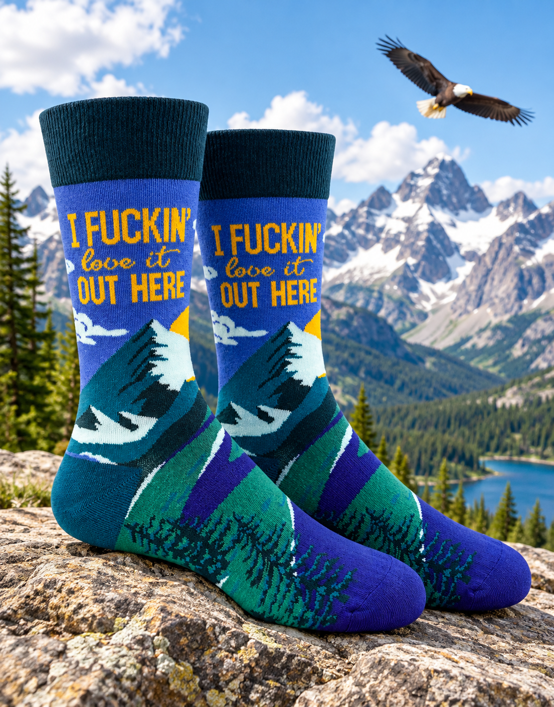 I FUCKING LOVE IT OUT HERE Men’s OUTDOORS Socks BALD EAGLE & MOUNTAINS FABDAZ Brand