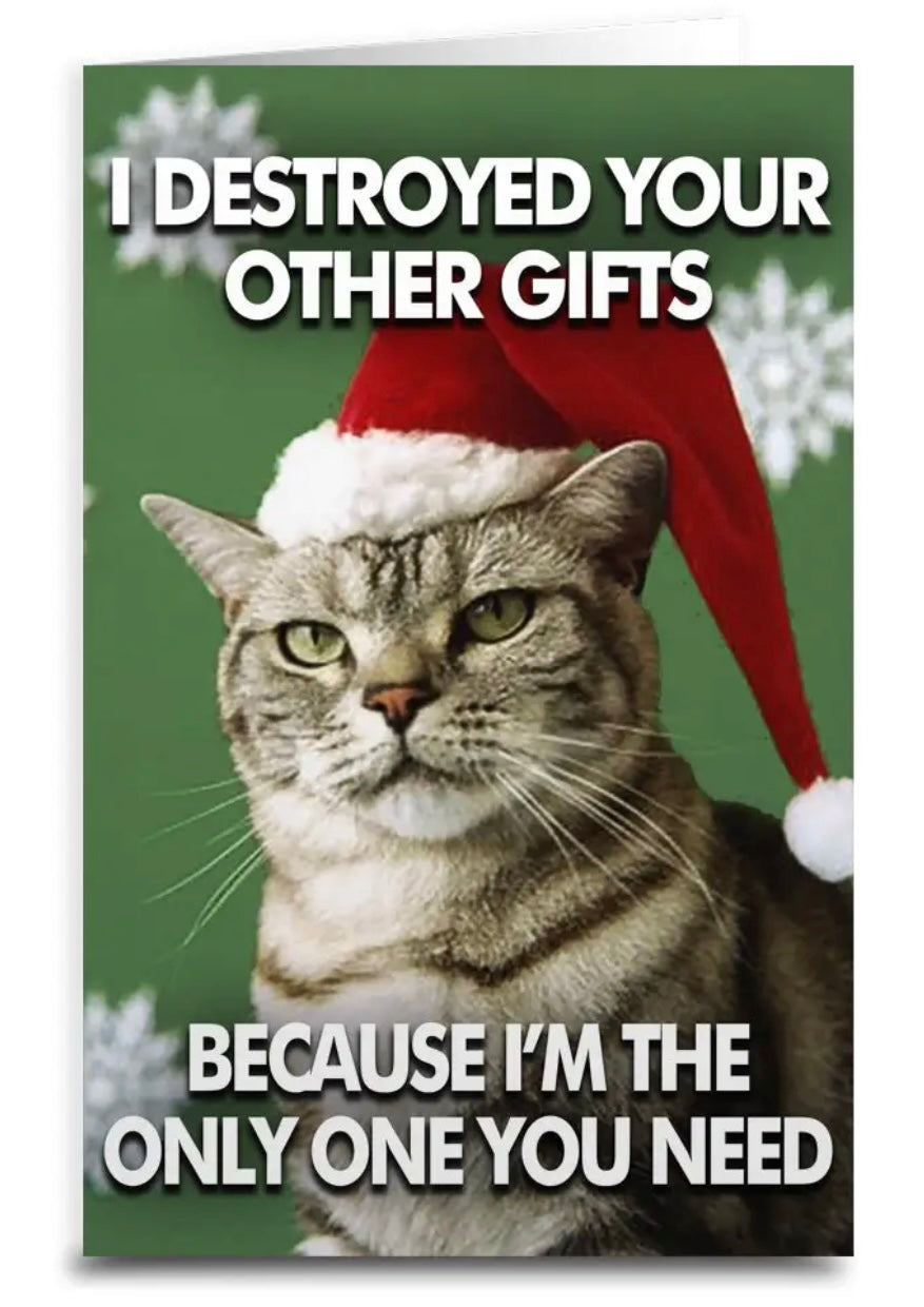 Sassy Cat Christmas Card I DESTROYED YOUR OTHER GIFTS BECAUSE I’M THE ONLY ONE YOU NEED - Novelty Socks And Slippers