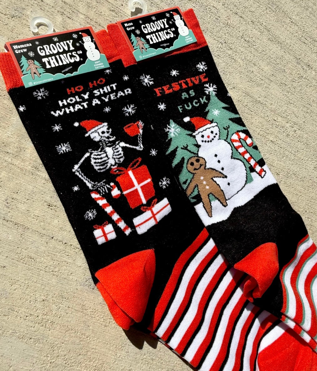 HO HO HOLY SHIT WHAT A YEAR Ladies Christmas Socks Groovy Things Brand - Novelty Socks And Slippers