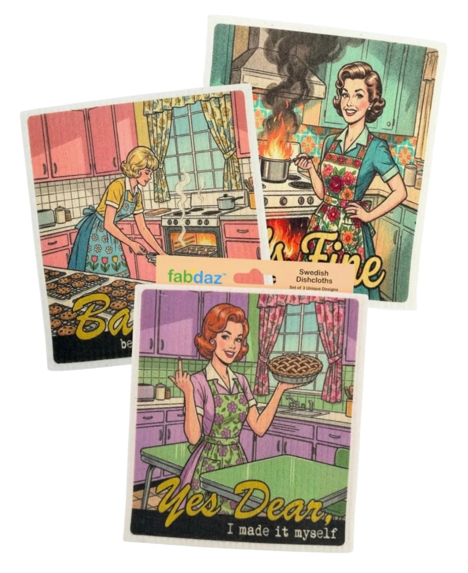 CRAZY RETRO WIFE Set Of 3 Sassy Swedish Dishcloths ‘Yes Dear, I Made It Myself’ With Middle Finger