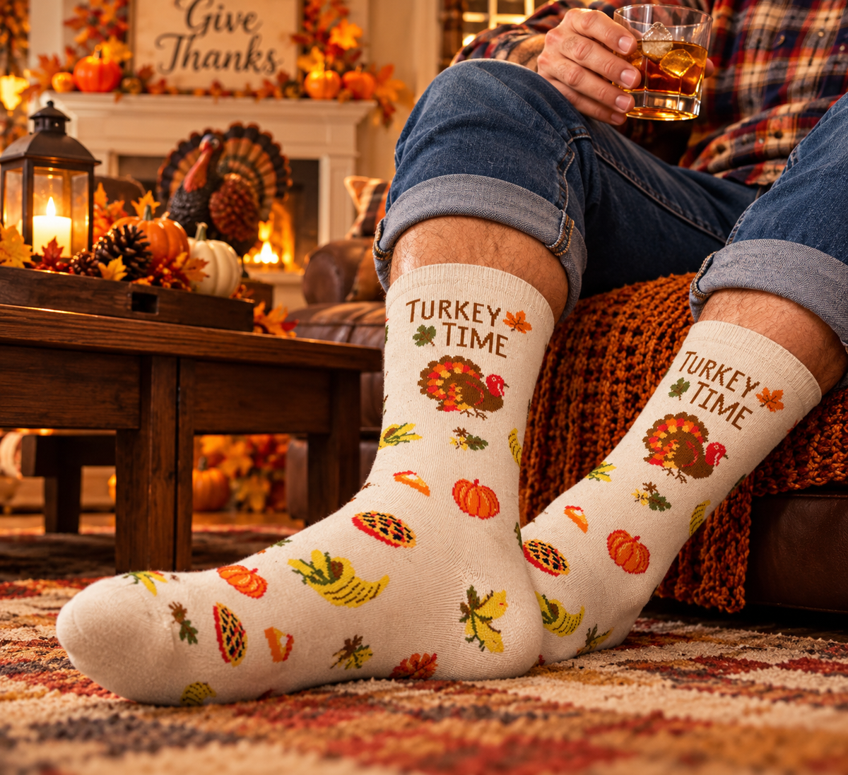 TURKEY TIME Men’s Thanksgiving Socks MeMoi Brand - Novelty Socks And Slippers