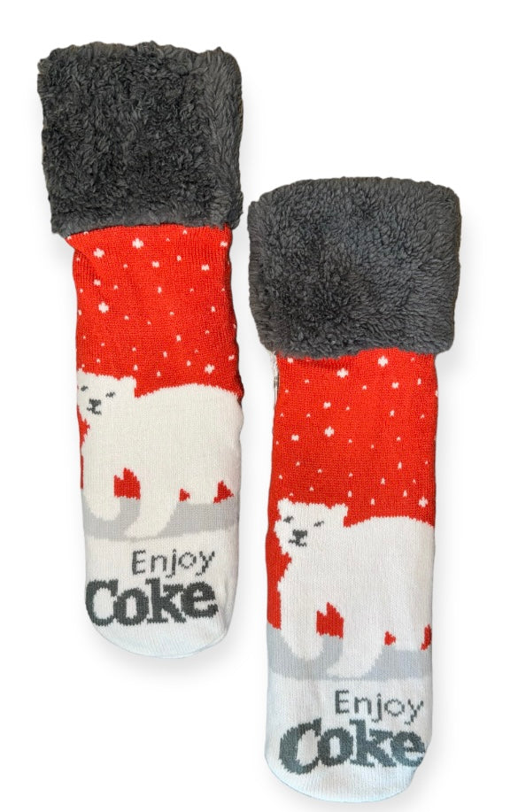 COCA-COLA Ladies POLAR BEAR Sherpa Lined Gripper Bottom Slipper Socks ‘ENJOY COKE’ - Novelty Socks And Slippers