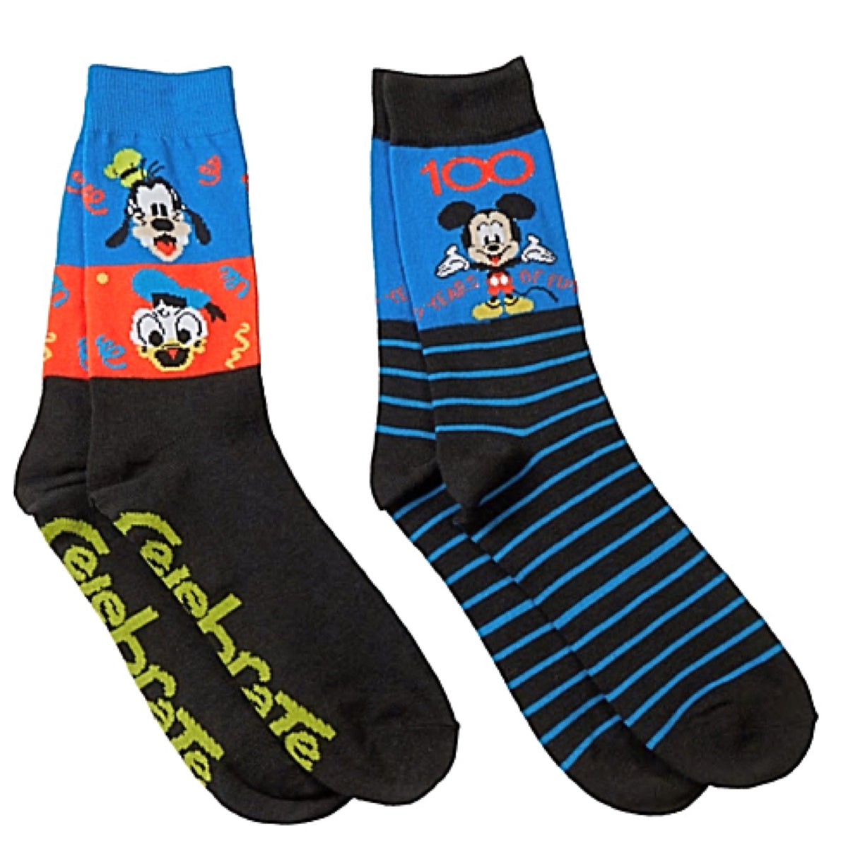 DISNEY 100 Men’s 2 Pair Of Socks MICKEY, GOOFY, DONALD DUCK ‘CELEBRATE’ - Novelty Socks for Less