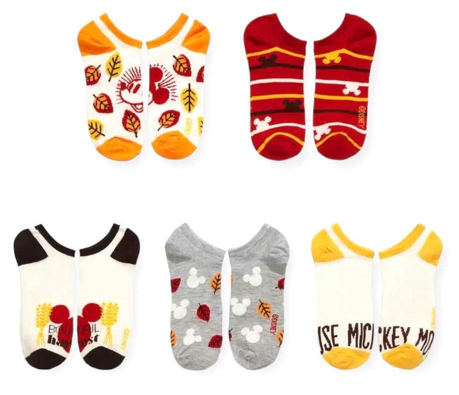 DISNEY Ladies THANKSGIVING 5 Pair Of No Show Socks MICKEY & MINNIE 'BOUNTIFUL HARVEST' - Novelty Socks And Slippers