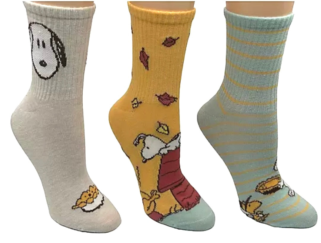 PEANUTS Ladies THANKSGIVING 3 Pair Of Socks PILGRIM SNOOPY & WOODSTOCK With TURKEY - Novelty Socks And Slippers