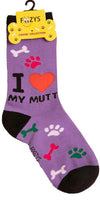 FOOZYS Brand Ladies I LOVE MY MUTT Socks PAW PRINTS, DOG BONES - Novelty Socks And Slippers