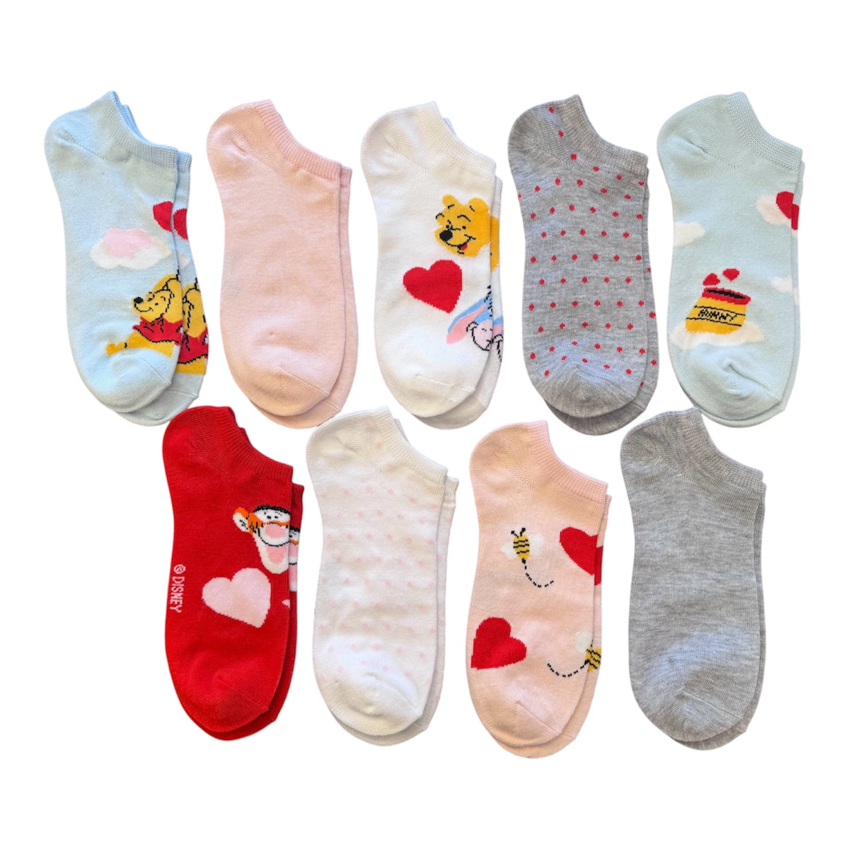 DISNEY WINNIE THE POOH Ladies 9 Pair Of VALENTINES DAY Low Show Socks - Novelty Socks And Slippers